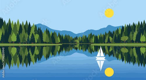 Sailboat on a serene lake reflecting the sky and surrounding forest.
