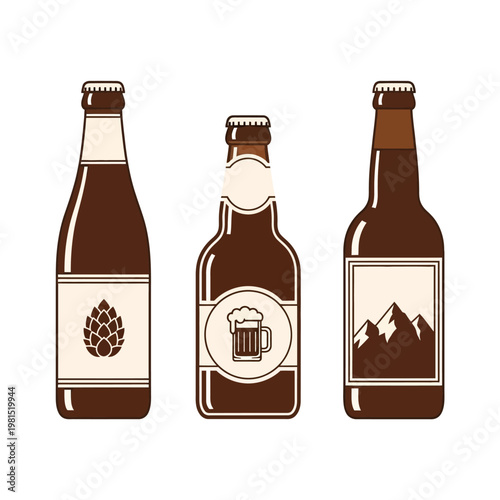Three Craft Beer Bottles with Labels: Hop, Beer Mug, and Mountain Designs