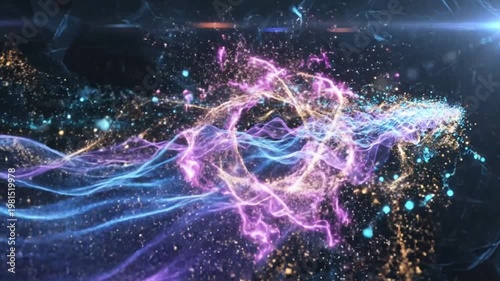 Abstract Glowing Particle Bird Shape - Magical Phoenix Energy Flow with Golden Dust and Electric Lightning
