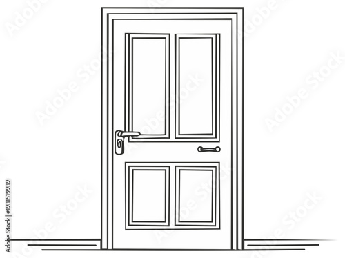 Simple outline drawing of a closed paneled wooden door with a doorknob and handle