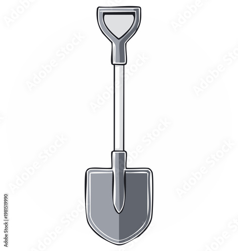 Grey cartoon shovel with d shaped handle and scoop for digging and gardening
