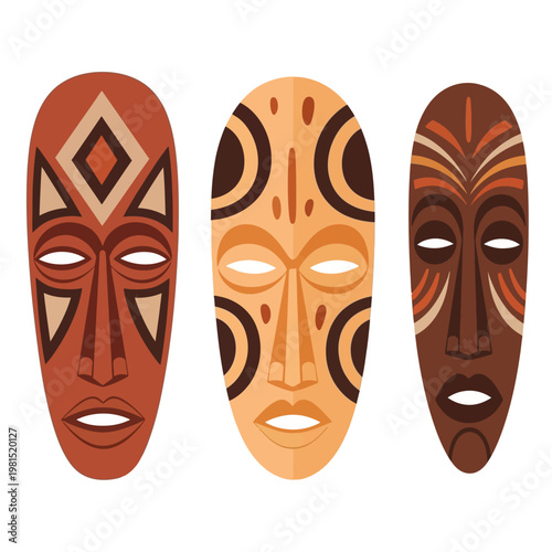 African Tribal Masks Set, Traditional Ethnic Art, Cultural Symbols, Vector Illustration