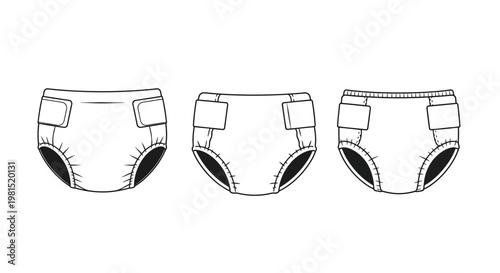 Adult Diaper Line Drawing Set: Front, Side, and Back Views