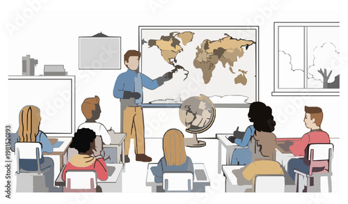 Geography class teacher students learning classroom vector illustration