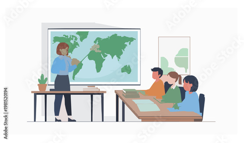 High school geography lesson teacher presenting map vector illustration