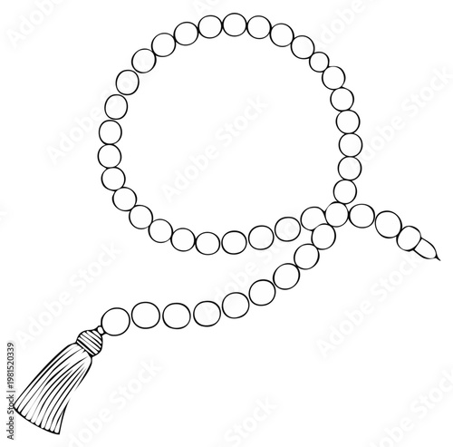 Line Art Islamic Prayer Beads with Tassel, Concept of Spirituality and Devotion