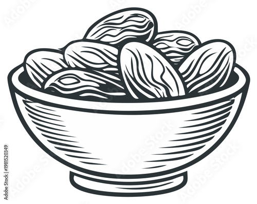 Vintage black and white illustration of a bowl filled with dates, a sweet dried fruit.