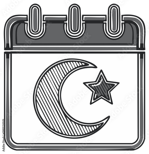 Illustration of calendar with crescent moon and star symbol for Islamic holiday celebration