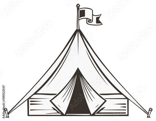 Outline drawing of a traditional conical tent with a flagpole and pennant
