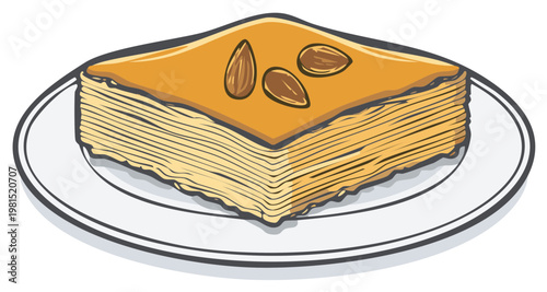 Traditional sweet baklava dessert with layered phyllo dough and almonds on a plate illustration