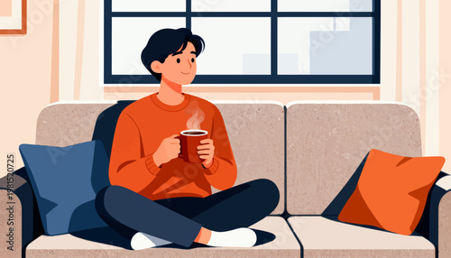 Cozy scene shows a person enjoying a warm drink. They sit relaxed on a comfortable sofa, legs crossed. Steam rises gently from the mug held close. Soft colors and calm atmosphere evoke quiet comfort