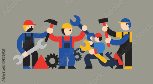 Group of diverse workers holding various tools in a collaborative setting.
