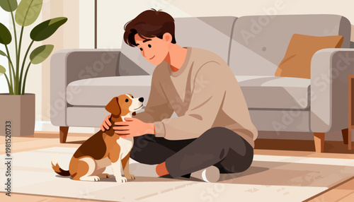 Man sits with dog, gentle touch, warm smile. Soft light fills cozy living room. Dog rests calmly, eyes trusting. Furniture and plant add peaceful ambiance