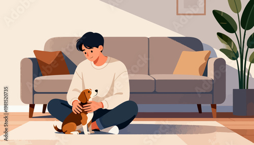 Young man sits on floor with small puppy. He holds pup gently, looking down with affection. Cozy living room has sofa, plant, and soft lighting. Scene conveys warmth, comfort, and quiet companionship