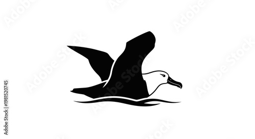 Stylized albatross flying over calm water minimalist design