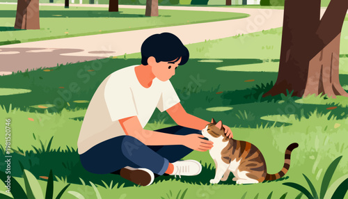 Young man kneels beside cat in grassy park. He gently pets cat with soft smile. Cat sits calmly, eyes half-closed in trust. Sunlight filters through trees behind them. Scene evokes quiet companionship