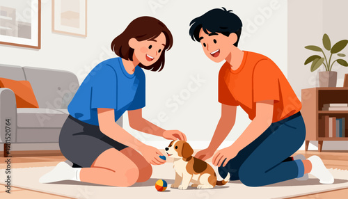 Warm indoor scene with two smiling people kneeling beside a puppy. They gently touch the puppy's head and paws. The dog looks up with happy, trusting eyes