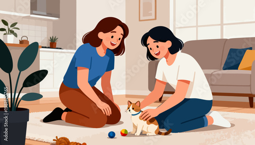 Two women kneel on a soft carpet, smiling warmly. Small cat sits calmly, receiving gentle affection. Bright balls lie nearby, hinting at playful moments. The room feels cozy, with plants
