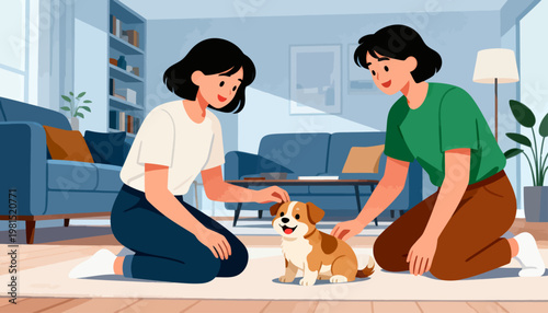 Warm, cozy living room with two women and a puppy. They kneel on the floor, smiling at the small dog. Soft lighting and colorful furniture create a welcoming vibe. The puppy looks up, ears perked