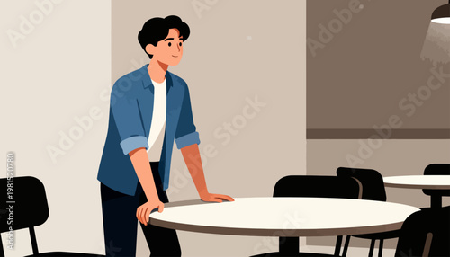 Young man leans on round table, relaxed posture. He smiles gently, suggesting calm or satisfaction. Setting implies casual cafe or office meeting. Illustration style soft, modern, and minimalist