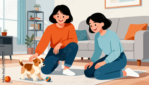 Two women smile warmly while sitting on the floor. Small puppy wags its tail near colorful toys. The living room features cozy furniture and soft lighting. They share affection with the playful pup