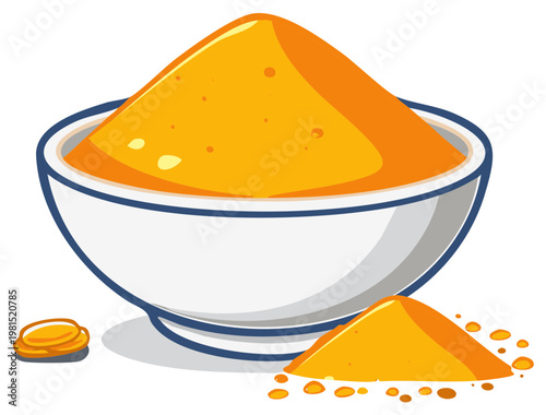 Bowl of yellow spice powder with spilled grains and small coins