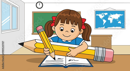 Smiling little girl writing in notebook with giant pencil