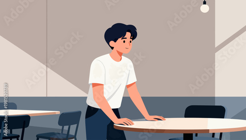 Young man stands at cafe table, thoughtful, quiet. Simple interior, soft lighting, calm atmosphere. His gaze drifts, suggesting pause or reflection. Ideal for scenes of solitude, pause
