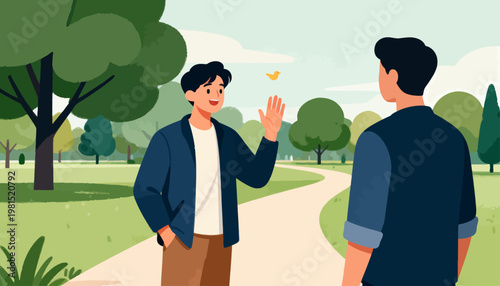 Two men meet on a sunlit park path. One waves warmly, smiling at the other. Trees frame the scene with soft green leaves. Small yellow bird flies nearby, adding life. Ideal for social, friendly
