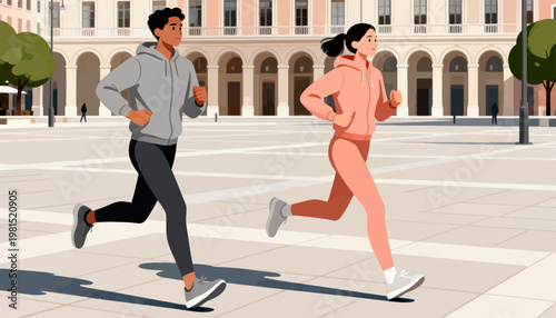 Two people jog together across a wide, sunlit plaza. They move with energy, their strides synchronized. Architecture frames the background with elegant arches. Their expressions show focus