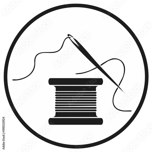 Sewing needle and thread spool classic black and white icon for tailoring and craft projects