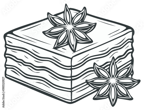 Traditional Middle Eastern dessert drawing featuring baklava with nuts and spices in vector format