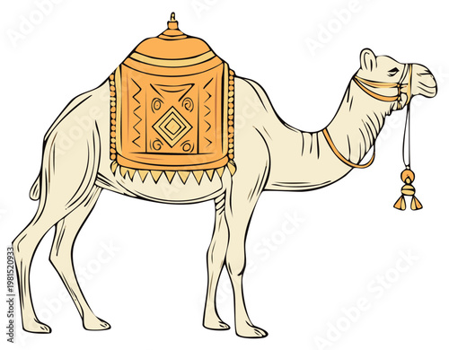 Dromedary camel standing with decorated saddle, ancient desert animal illustration, traditional ornate travel caravan vector