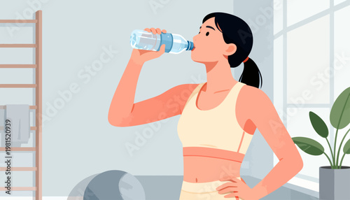 Young woman drinks water in bright, modern room. She looks relaxed, focused on hydration. Soft lighting enhances calm, healthful mood. Ideal for fitness, wellness, or lifestyle content