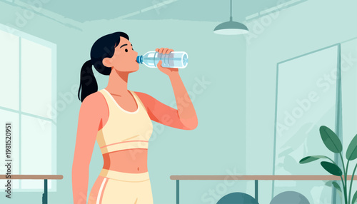 Woman drinks water in a bright, minimalist gym. She's focused and calm. Her posture suggests wellness and recovery. Ideal for fitness, health, or hydration themes