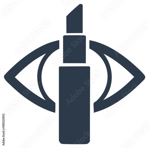 Minimalist dark blue icon of an eye with a lipstick in the center symbolizing beauty and vision