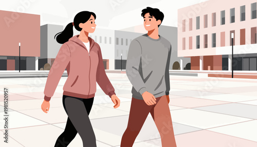 Young couple walks hand in hand across campus square. Their smiles show joy and connection. Modern buildings frame their casual stroll. Ideal for education, relationships, or urban lifestyle scenes