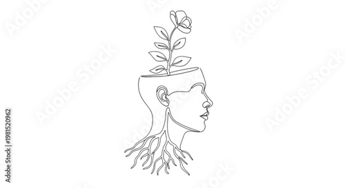 High Quality Black Continuous Line Mind Growth – Minimal Self Development Illustration
