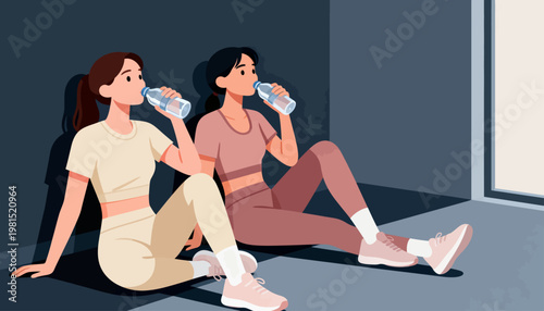Two women sit on the floor, drinking water. They relax after a workout or long walk. Soft lighting casts gentle shadows around them. Their calm expressions suggest refreshment and recovery
