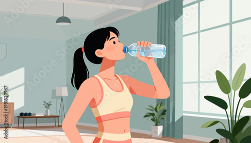 Young woman drinks water from a clear bottle. She stands in a bright, minimalist living room. Sunlight streams through large windows behind her. She wears a light-colored sports top and leggings