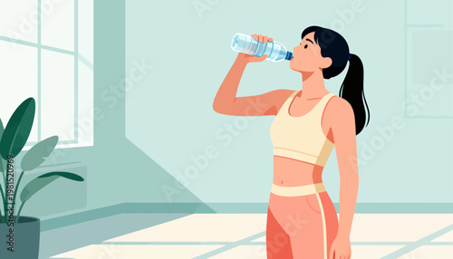 Young woman hydrates after workout in bright room. She sips water from a clear bottle. Her hair is tied back in a ponytail. Light filters through window behind her. Plant stands near floor in corner