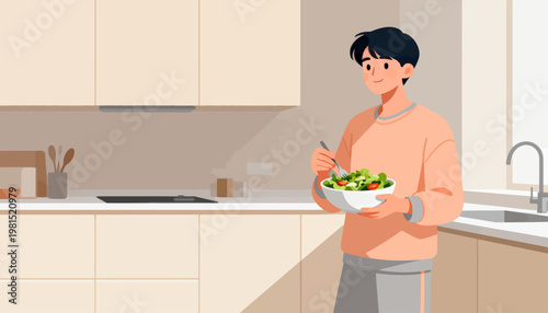 Young man smiles while holding a fresh salad bowl. He stands in a bright, modern kitchen. Soft lighting enhances the cozy atmosphere. His expression conveys contentment and satisfaction