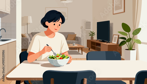 Woman enjoys fresh salad at home. Peaceful kitchen setting with soft natural lighting. She savors healthy meal, relaxed and content. Modern home features plants and cozy furniture