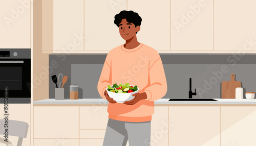 Man holds fresh salad with a warm smile. Modern kitchen features clean, minimalist design. Soft pastel tones convey calm, healthy living. Ideal for wellness, fitness, or healthy eating campaigns