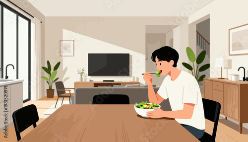 Young man eats healthy salad at home. Modern kitchen and living room surround him. Natural light streams through large windows. He smiles, enjoying fresh greens and simple meal
