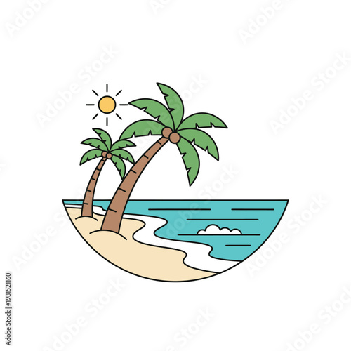 Tropical Island Paradise with Palm Trees and Ocean Waves.