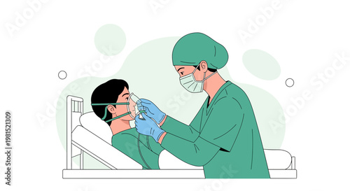 Doctor administering oxygen mask to patient in hospital bed, medical care concept