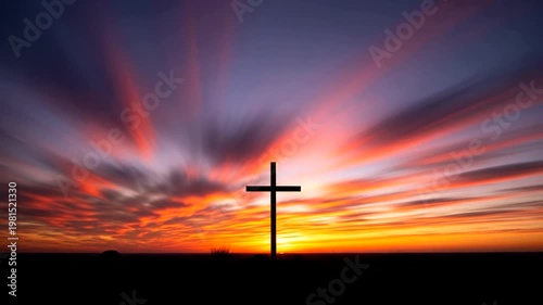 Cross Silhouette at Sunset Landscape.