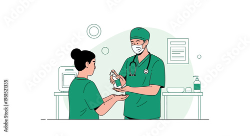 Doctor applying hand sanitizer to nurse in clinic, promoting hygiene and safety