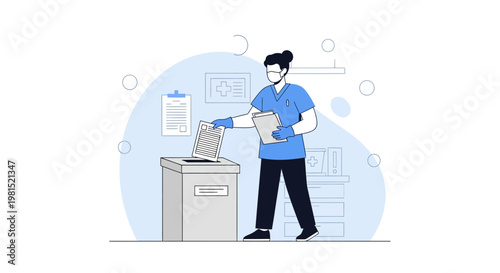 Doctor casting vote in ballot box, healthcare worker participating in election, voting concept